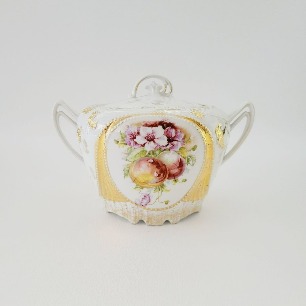 Antique White & Gold Biscuit Cracker Jar, Floral & Floral Embossed Baroque Decor